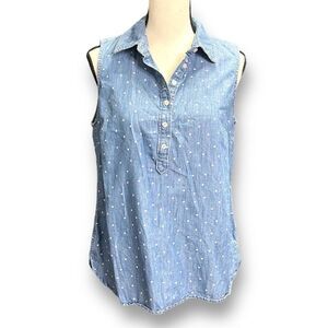 Talbots Women's‎  Polka Dot Half Button Sleeveless Denim Blouse Top Blue MP
